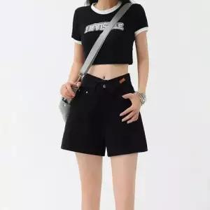 여사친 데님 스판 얇은 청반바지 A라인 청바지 하이웨스트 반바지 언밸런스 슬림핏 핫팬츠 admr1