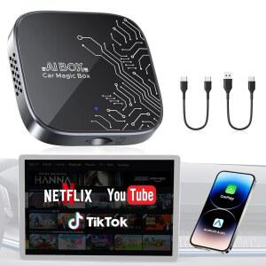 넷플릭스/유튜브/틱톡/TF 카드, 2026 매직 비디오 AI 박스 및 안드로이드 오토 동글 [듀얼 밴드 WiFi, 블루투스 5.3] 플러그 앤 플레이, OEM 유선 자동차 플레이 차량에 적합한 4-in-1 무선 카플레이 어댑터