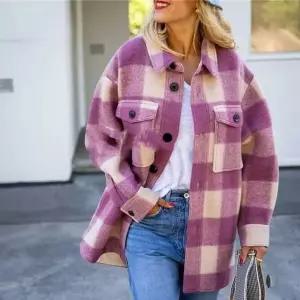 가을 겨울 모직 자켓 여성 셔츠형 더블 코트 체크원단