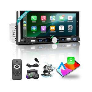 Emeito 6.9인치 무선 카플레이 안드로이드 오토 싱글 딘 카 스테레오, HD IPS 1280 480 터치스크린 라디오, 블루투스 5.0, FM 야간 방풍 백업 카메라, USB, AUX(추가 마이크), 타입-C