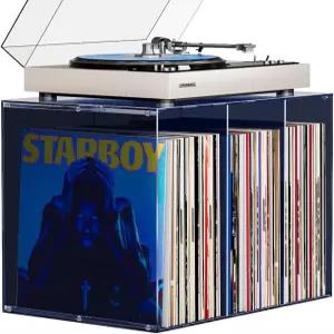 비코니 비닐 레코드 보관함 스태커블 큐브 아크릴 홀더 테이블탑 플레이어 스탠드 및 앨범 상자 미드나잇