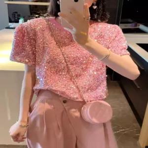 여성 라인댄스상의 스팽글 파티클럽용 시선집중 핑크 글리터 반짝이