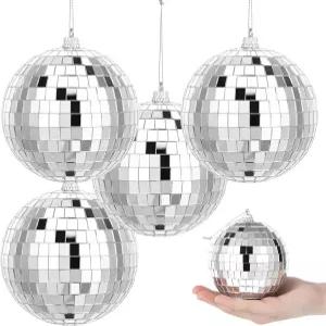 오클린 4개 미러 디스코볼 스트링 실버 반사 장식이 있는 4인치 소형 걸이 미러볼 파티 홈 웨딩 데코