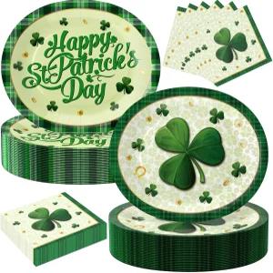 UODBUYO 100Pcs 세인트 패트릭의 날 타원형 종이 접시 및 냅킨 세트 10인치 x 12인치 패트릭 테마 파티