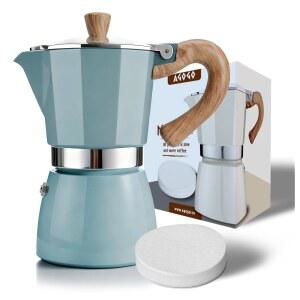 아고고 밀라노 모카 포트 스토브탑 에스프레소 메이커, 타월 클리닝 종이 레이크 (10온스/300ml) 없는 브러시 우드 & 그레인 커피, 그레카 핸들, 이탈리아 6컵 클래식 블루용 필터 침전물이 100개