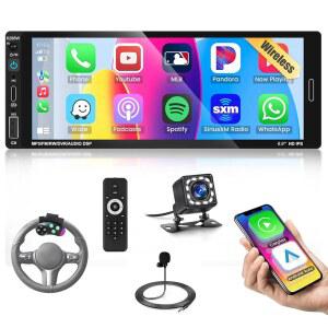 싱글 딘 카 라디오 스테레오, 무선 카플레이 안드로이드 오토, 6.9인치 HD 터치스크린 블루투스 수신기, 미러 링크, 백업 카메라 GPS 내비게이션 USB /Type-C 충전 FM EQ SWC MP5