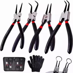 7인치 스냅 링 플라이어 세트 일자 및 구부러진 턱 끝이 있는 4피스 내부 외부 서클립 키트 내구성 보관