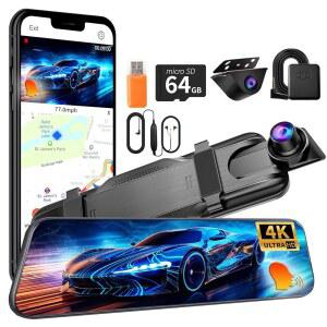 미러 듀얼 대시 카메라, 4K 및 2.5K 캠, 음성 제어 후방 뷰 카메라 WiFi, WDR 야간 투시 차량용 GPS G-센서, 24대의 주차 모니터 ABS(64GB 카드 포함)