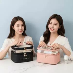 고급 가죽 2단 화장품 정리함 투명창 메이크업 박스 여행용 파우치 가방