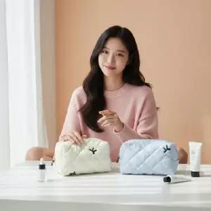 리본 자수 퀼팅 화장품 파우치 수납 가방 여행용 휴대용 메이크업 소품 정리함