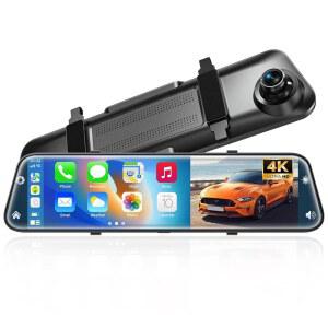 카플레이 앤 안드로이드 오토가 장착된 12인치 4K 후방 뷰 미러 카메라, 음성 제어 및 분할 터치 스크린이 차량용 대시 캠 앞뒤, 후진 어시스트 / 루프 레코드 G 센서 64GB 카드 포함