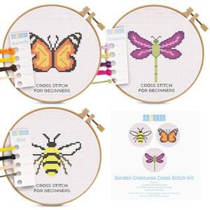 초보자를 위한 크래프트텍스 플로럴 스탬프 크로스 스티치 키트 - 3팩. DIY 자수 바늘 포인트 패턴. 간편한 키트(정원 생물)