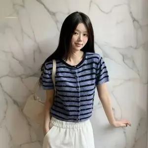 [하프클럽/]여성용 스트라이프 패턴 봄 여름 반팔 니트 카디건