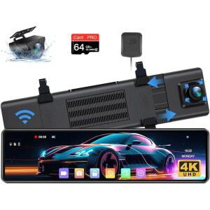 2025년 업그레이드된 12인치 4K 후방 뷰 미러 카메라, WiFi, 2160P 대시 캠 전방 및 백업 WDR HDR, 루프 레코딩, G-센서, 주차 모니터, 64GB 카드 GPS