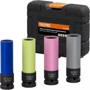 YEKEPRO 4피스 12인치 드라이브 얇은 벽 충격 소켓175 195 215 225mm 부풀어 오르거나 고정된 휠 너트를