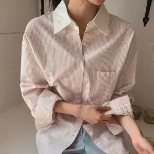 [하프클럽/]여성용 루즈핏 스트라이프 카라 셔츠 데일리 캐주얼 스타일