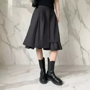 [하프클럽/]여성용 코튼 언발란스 플리츠 미디 스커트 봄여름가을용