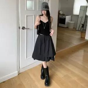 [하프클럽/]여성용 코튼 언발란스 플리츠 미디 스커트 봄 여름 가을용