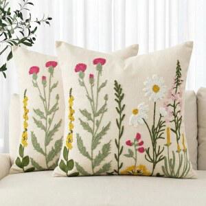 AVOIN 컬러라이프 봄 여름 플로럴 데이지 자수 던지기 베개 커버, 18 x 인치 컬러 플라워 장식 터프트 패턴 리넨 쿠션 케이스 소파 세트