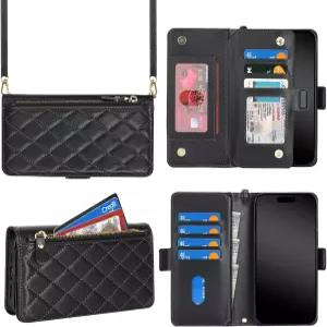 크로스바디 스트랩 어깨 목걸이 랜야드 플립 커버 PU 가죽 여성용 마름모 지퍼 포켓 킥스탠드 카드 홀더