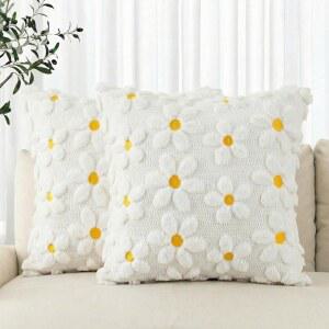 AVOIN 컬러라이프 봄 여름 크림 화이트 데이지 던지기 베개 커버 세트 2, 18 x 인치 계절 식물 농가 장식 꽃 부드러운 플러시 인조 모피 자카드 쿠션 케이스 가정용 소파용
