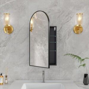 FUNFOLLOW 40.6 X 81.3CM(16 32인치) 블랙 욕실 가능한 조절 캐비닛, 공간이 거울이 필요, 벽걸이 수납 있는 거울, 캐비닛 아치형 의약품 조립 의학 선반이