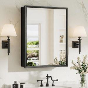 TOKESHIMI 50.8 X 66CM(20 26인치) 욕실용 거울 매립형 강화 알루미늄 있는 유리 무단계 경사진 조립 프레임, 가능한 거울이 약 캐비닛, 조절 선반, 블랙 필요,