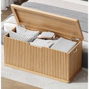 안전 경첩 2개가 있는 Akxomel 플루티드 보관함, 37.4인치 나무 보관 트렁크, 자연스러운 진입로 벤치, 거실, 침실, 곡선형 프로파일, 쉬운 조립, 오크