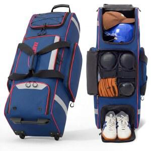 바퀴가 달린 판월리 롤링 야구백, 4 가방 안전 소프트볼 대형 휴대용 32인치), 펜스 캐처 수납공간, 반사 신발 청소년 후크, 별도의 스트립, 및 배트용 기어백(최대