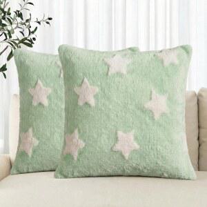 AVOIN 컬러라이프 봄 여름 스타즈 그린 스로 베개 커버 2종 세트, 18 x 인치 홀리데이 시즌 소프트 플러시 인조 퍼 자카드 쿠션 케이스 장식 침실 홈 소파