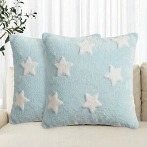 AVOIN 컬러라이프 봄 여름 스타즈 블루 스로 베개 커버 2종 세트, 18 x 인치 홀리데이 시즌 소프트 플러시 인조 모피 자카드 쿠션 케이스 장식 침실 홈 소파