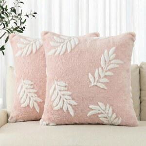 AVOIN 컬러라이프 봄 여름 로렐 잎 핑크 던지기 베개 커버 세트 2, 18 x 인치 홀리데이 시즌 소프트 플러시 인조 퍼 자카드 쿠션 케이스 장식 침실 홈 소파