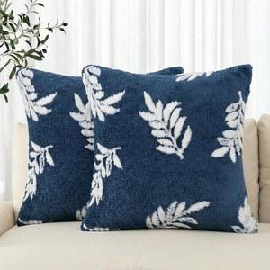 AVOIN 컬러라이프 봄 여름 로렐 잎 어두운 파란색 던지기 베개 커버 세트 2, 18 x 인치 홀리데이 시즌 소프트 플러시 인조 모피 자카드 쿠션 케이스 장식 침실 홈 소파