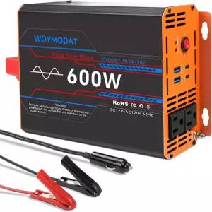 WDYMODAT 600W 순수 사인파 인버터 자동차 파워 12V ~ 110V AC 콘센트 3.0A USB 타입-C 차량용 리모컨 트럭