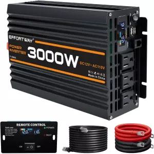 EFFEFTWAY 3000W 파워 인버터 12V DC~110V/120V 개조 사인파 3개의 AC 콘센트 USB 포트 유선 리모컨 RV