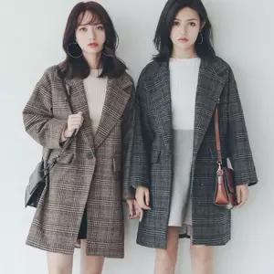 여성 모직 자켓 체크 캐주얼 오버핏 여성 루즈핏 자켓 모던 미디 아우터 겨울 상의 하프 의류 코트