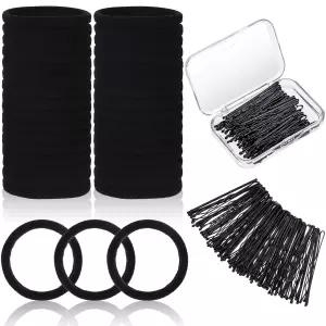 두껍고 무겁고 곱슬거리는 머리카락을 위한 블랙 심리스 헤어 타이 60개와 박스가 있는 바비 핀 60개 -