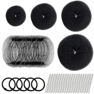 판다메이 헤어 도넛 번 메이커 세트 - 셰이퍼 4개 보이지 않는 그물 20개 엘라스틱 5개 바비 핀 20개(블랙)