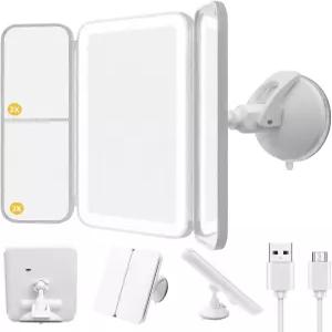 호수티엠 트라이폴드 LED 배니티 미러(라이트 포함) 강력한 흡입력을 갖춘 욕실 샤워 미러 2배/3배 배율의