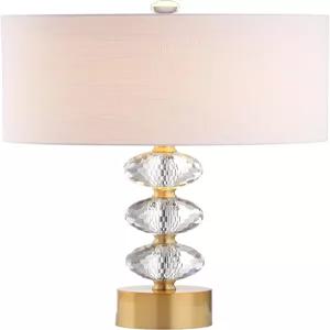 조나단 Y 25.25인치 투명 및 황동 골드 크리스탈 테이블 램프 거실 침실용 흰색 린넨 드럼 그늘이 있는