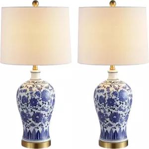 조나단 Y 25.75인치 파란색 및 흰색 세라믹 진저 병 LED 테이블 램프 세트 2개 침실 거실용 전통 황동 골드