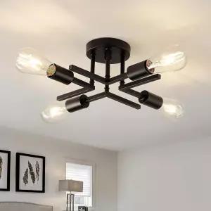 산업용 4-라이트 세미 플러시 마운트 천장 조명기구 현대적인 금속 블랙 스푸트니크 샹들리에와 E26 전구