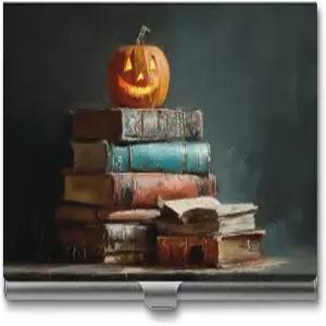 할로윈 호박 명함 홀더가 있는 zxxpensy 빈티지 북 포켓 슬림 휴대용 금속 케이스 여성 남성용