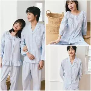 [솔브](정상) 가볍고 쾌적한 면100% 블루 체크 남,여 커플 파자마 세트 택1_S SPA2605M_W_S