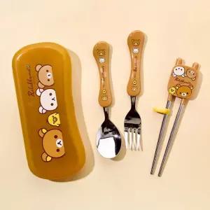 아동 어린이 스푼포크 교정젓가락 케이스세트 해피 갈색