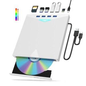 노트북 PC용 외장 CD/DVD 드라이브, 8인치 1인치 LED 휴대용 DVD 드라이브 CD 버너 CD-ROM DVD- /+RW 라이터 리더(TF/SD 카드 슬롯 포함), USB 3.0 외장, Mac, Windows 11 /10 /8 /7, Linux 호환