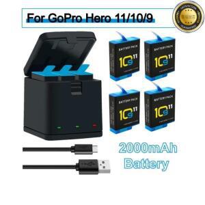 GoPro Hero 11 10 9용 2000mAh 배터리 리튬 이온 팩 모션 카메라 보관함 + Type-C 포트가 있는 LCD 3슬롯