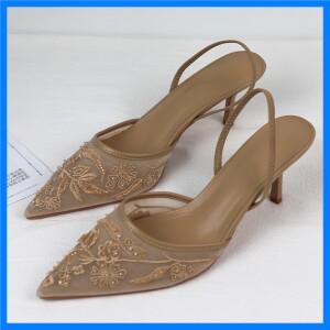 럭셔리 브랜드 하이힐 여성 샌들 메쉬 자수 우아한 지적 숙녀 슬링 백 저녁 파티 웨딩 신부 드레스 신발