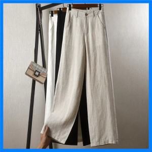 여성용 코튼 린넨 스트레이트 팬츠, 신축성 있는 하이 웨이스트, 와일드 와이드 레그 팬츠, 여성 용수철,