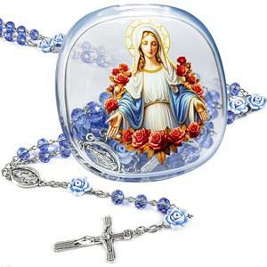 여성용 플론클리 묵주 목걸이 - 성모 마리아 메달과 아크릴 선물 상자가 포함된 가톨릭 크리스탈 구슬